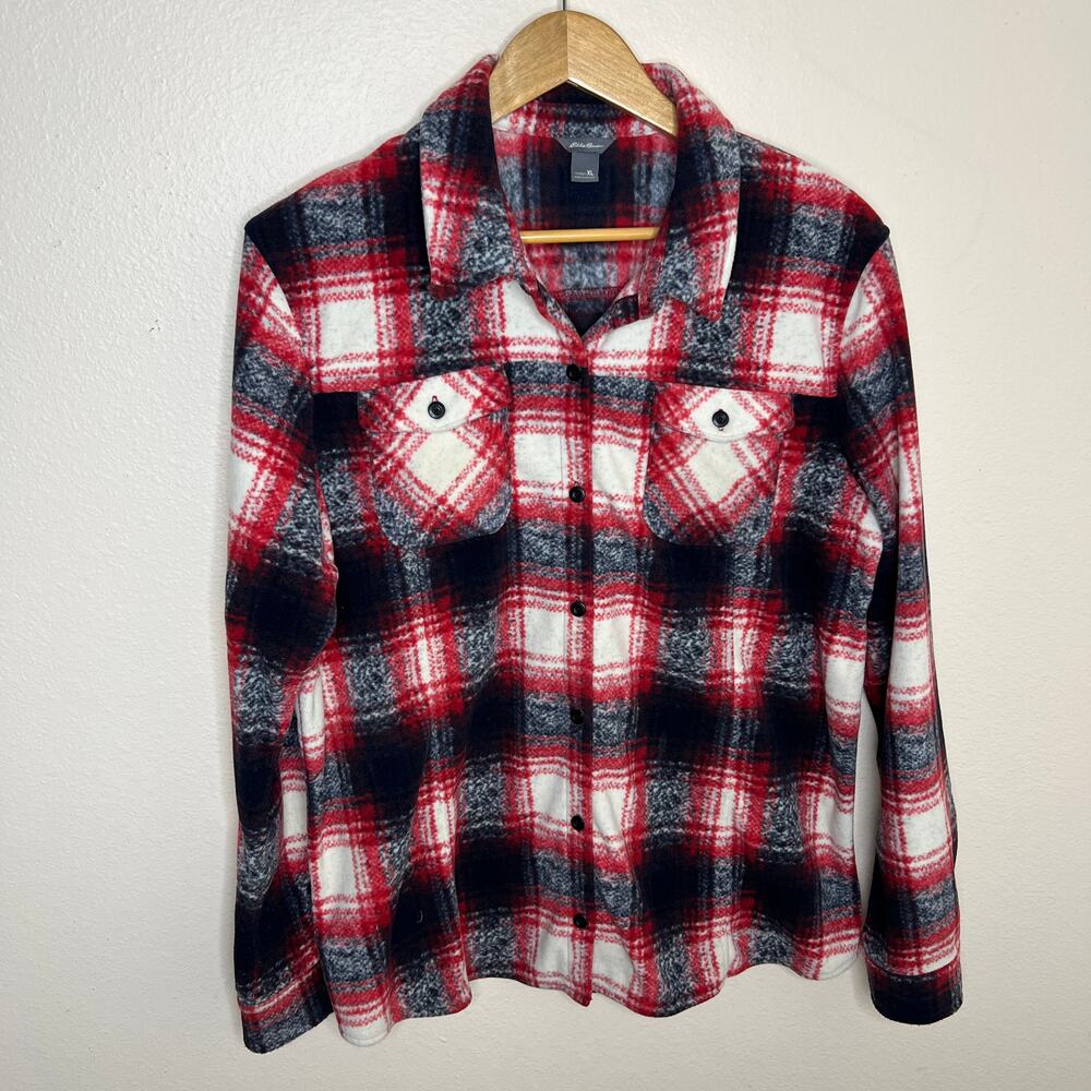 Eddie Bauer Red Black White Plaid Button Up Top XL